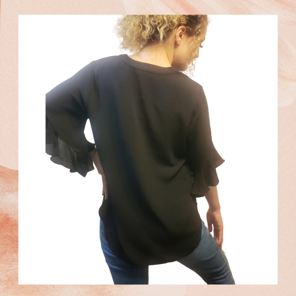 NWOT Black Half Flutter Bell Sleeve V-Neck Button Blouse - Picture 4 of 5